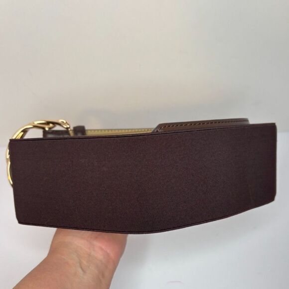 Anne Klein Wide Brown Leather Gold Buckle Belt Adjustable Shiny Womens - Picture 2 of 5
